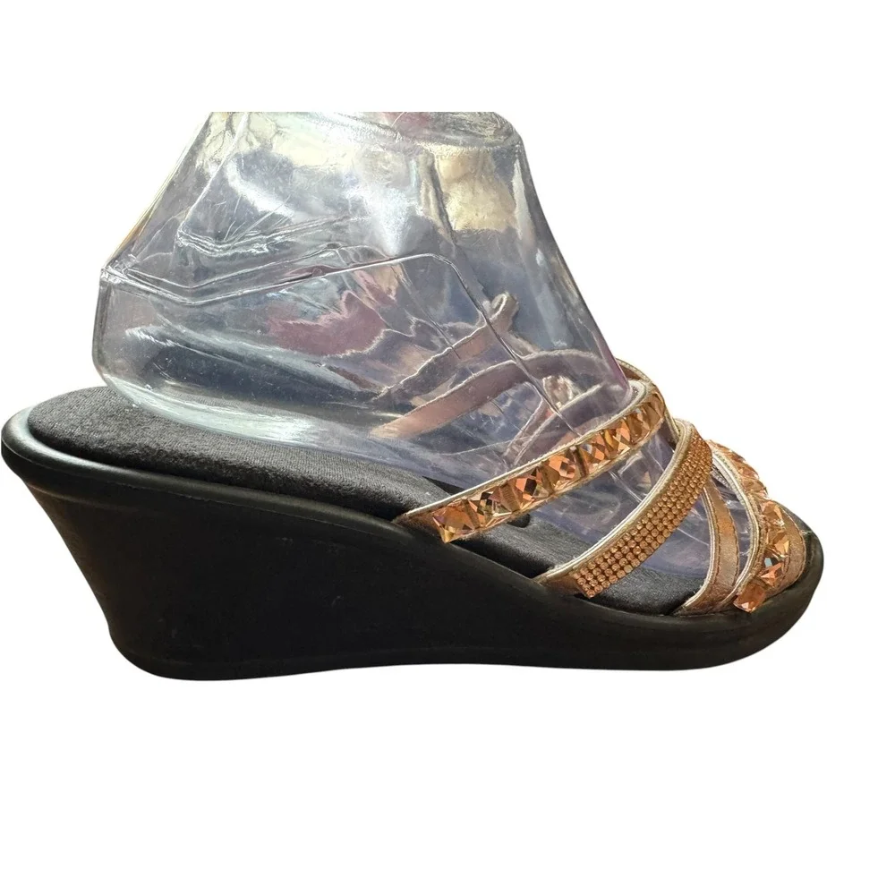 Skechers Wedge Sandals Womens 9 Rose Gold Excellent Rhinestone Strappy Slide